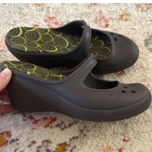 Crocs Women Brown Mary Jane Wedge Sandals Green Swirl Footbed Clogs 3 Inch Heel